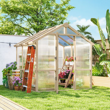6.6 x 6ft Polycarbonate Greenhouse Wooden Green House with Thickened Polycarbonate Sheets, Lockable Door, Brown
