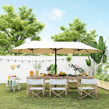 15' Outdoor Patio Umbrella with Twin Canopy Sunshade Steel Table Umbrella with Lift Crank Beige