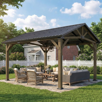 13' x 11' Hardtop Gazebo Canopy with Galvanised Metal Roof, Fir Wood Frame and Central Hook for Patio, Black Grey