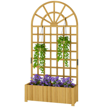 Wooden Raised Garden Bed with Lattice Trellis, Outdoor Elevated Planter Box with Drainage Holes for Climbing Plants