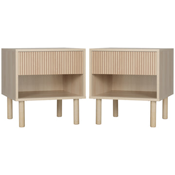 Set of 2 Bedroom Nightstands, Side Table with Storage Shelf and Drawer for Living Room, Bedroom, Natural Wood
