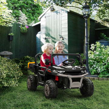 12V Ride on Car with Electric Bucket, Two-Seater, Shovel, Remote Control, Spring Suspension, Horn, Music, Black
