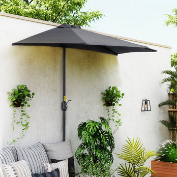 9ft Half Round Patio Umbrella, Outdoor Market Patio Table Umbrella Parasol with Crank Mechanism, 5 Ribs, Grey