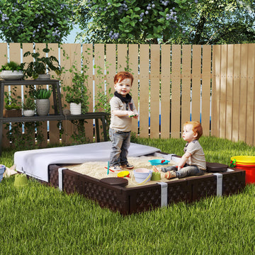 Qaba Kids Sandbox with Cover, 4 Corner Seats, Bottom Liner for Backyard, Garden, Outdoor, 73