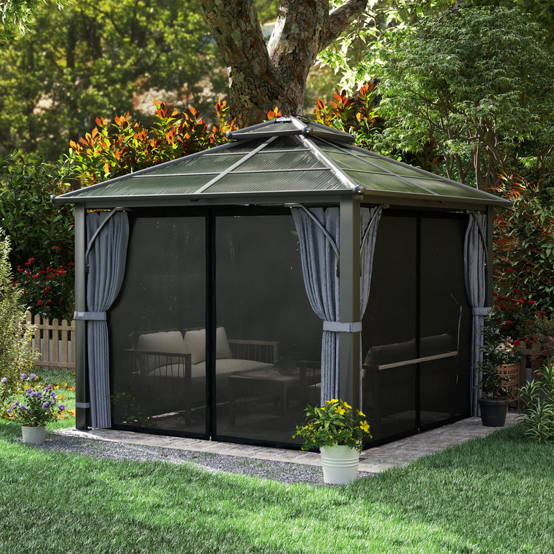 10' x 10' Hardtop Gazebo with 7mm Polycarbonate Double-Tier Roof, Outdoor Gazebo with Netting and Curtains