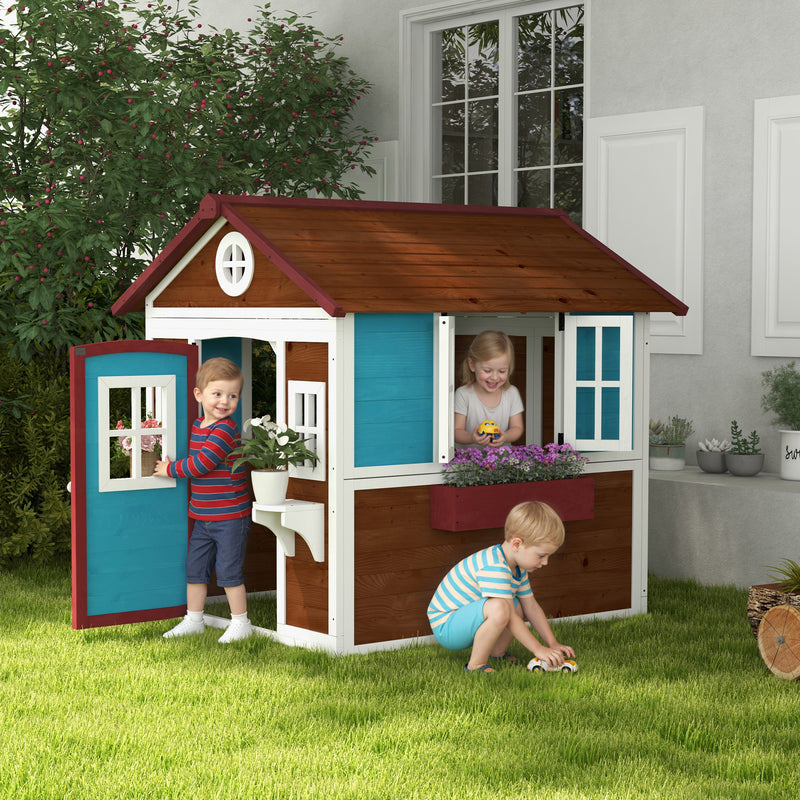 Wooden Playhouse for Kids Outdoor with Door, Windows, Planter Pots and Boxes for Toddlers 3-8 Years, Beige