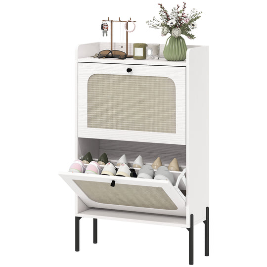 Shoe Cabinet with 2 Flip Drawers, Boho Narrow Shoe Storage Cabinet, White