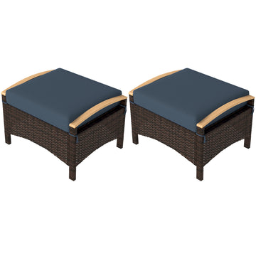 2 Pieces Wicker Outdoor Ottoman with Removable Cushion, Rattan Outdoor Footstool, Footrest and Side Table, Blue