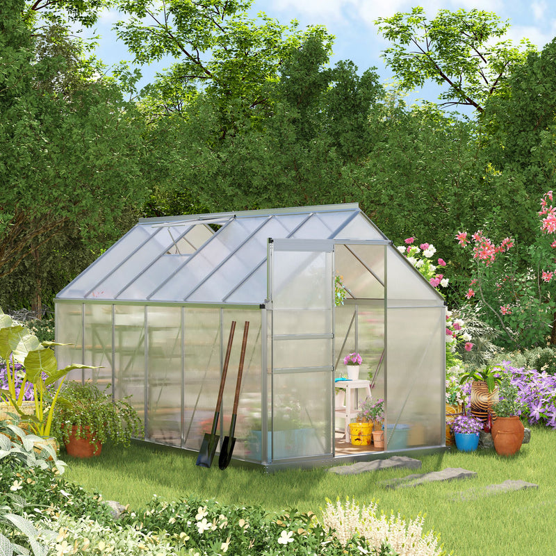 6' x 12' x 6.5' Walk-in Greenhouse, Polycarbonate Greenhouse with Adjustable Roof Vent, Base, Sliding Door