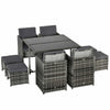 9 Pieces Wicker Patio Dining Set Outdoor Furniture Set with Removable Cushions, Glass Top Dining Table, Ottomans, PE Rattan Conversation Set for Garden Poolside, Grey