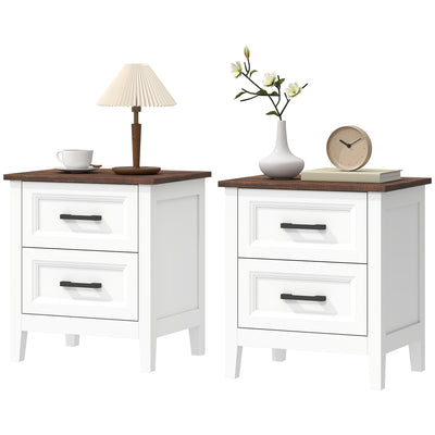 Farmhouse Nightstand Set of 2, Bedside Tables with 2 Drawers, Wood-Effect Top, White