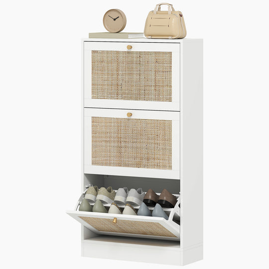 Rattan Shoe Storage Cabinet with 3 Flip Drawers and Adjustable Shelves, Entryway Shoe Cabinet for 18 Pairs, White