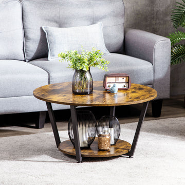2-Tier Round Coffee Table with Storage Shelf, Industrial Center Table with Steel Frame for Living Room, Rustic Brown