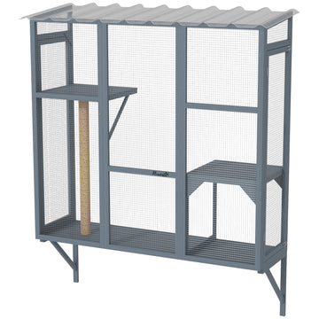 Wooden Catio Outdoor, Cat Window Box Enclosure for 2-3 Large Cats with 2 Jumping Platforms & Scratching Post, Grey