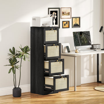 4 Drawer Filing Cabinet with Lock, Boho File Cabinet for A4 Letter Size Files with Decorative Rattan Accents, Black