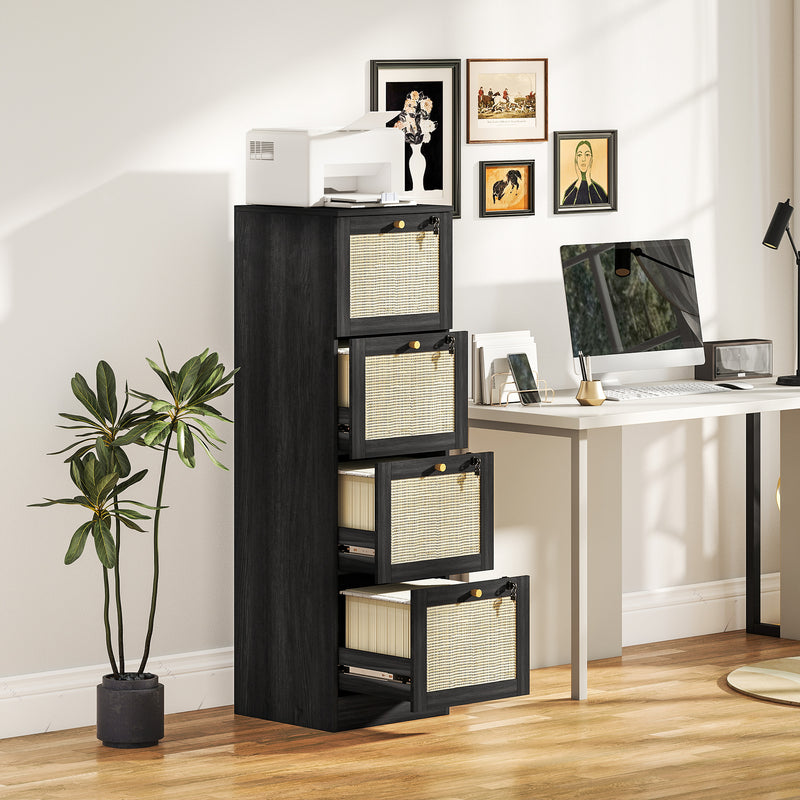 4 Drawer Filing Cabinet with Lock, Boho File Cabinet for A4 Letter Size Files with Decorative Rattan Accents, Black