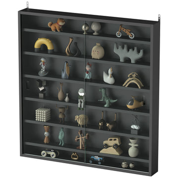 7-Tier Display Cabinet, Shot Glass Display Case, Glass Curio Cabinet with 2 Glass Doors and 6 Adjustable Shelves, Black
