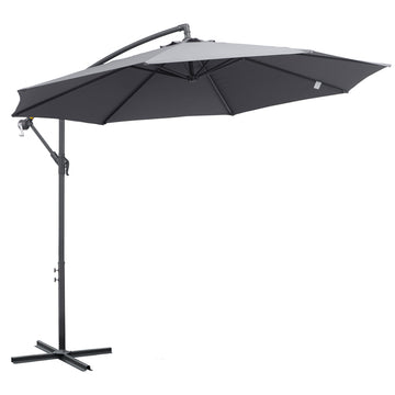 10ft Offset Patio Umbrella with Base, Garden Hanging Parasol with Crank, Banana Cantilever Umbrella Sun Shade, Grey