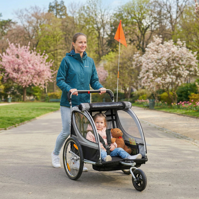 2 Seat Bike Trailer for Kids 2-in-1 Double Baby Stroller with Handbrake, Rubber Wheels, 5 Point Harness, Waterproof Cover, Storage Bag, Reflectors, Grey