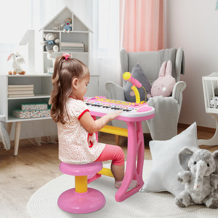 Kids Toddler Toy Piano Keyboard with Included Sitting Stool, Working Microphone, A Fun Bright Flashlight, Pink