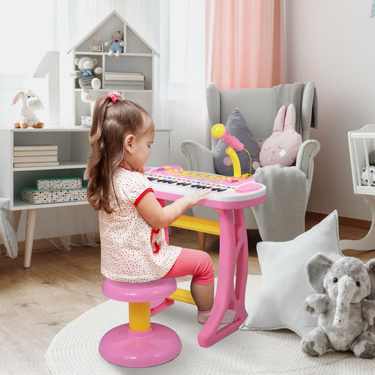 Kids Toddler Toy Piano Keyboard with Included Sitting Stool, Working Microphone, A Fun Bright Flashlight, Pink