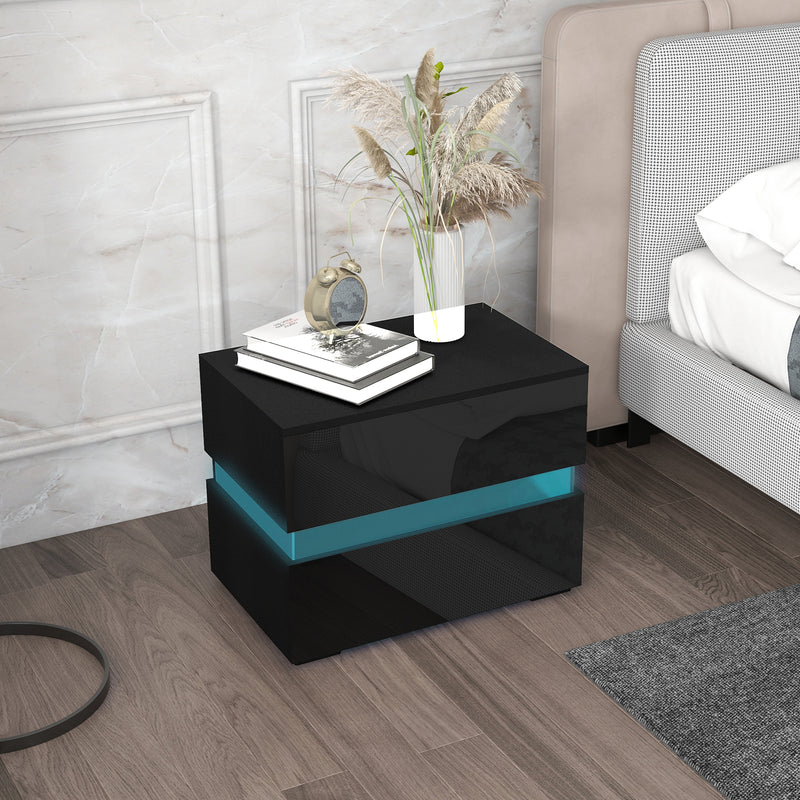 Modern Nightstand, Bedside Table with 2 Drawers, USB Powered RGB LED Lights for Bedroom, Black