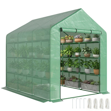 8' x 6' x 7' Portable Walk-In Greenhouse Hot House with 18 Shelves,  Water/UV Resistant Weather Cover, & Roll Up Door