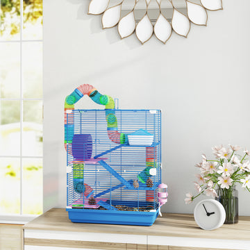 5 Tiers Hamster Cage Portable with Exercise Wheels Play Tube Water Bottle Dishes House Ladder for Gerbils, Dark Blue