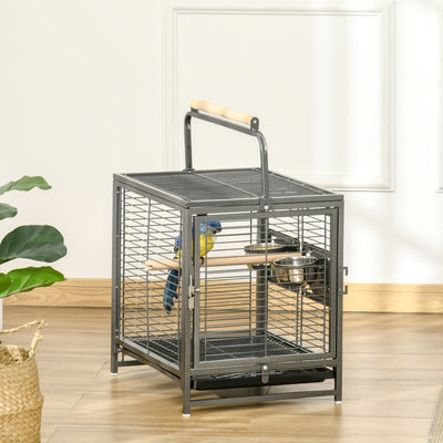 Bird Travel Carrier Cage, Portable Metal Bird Cage for Parrots Conures Cockatiel Parakeets with Stand Perch, Stainless Steel Bowls, Pull Out Tray, 19