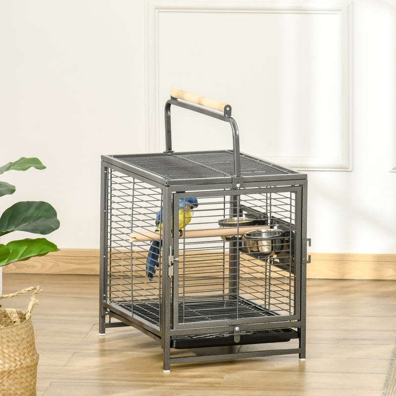 Bird Travel Carrier Cage, Portable Metal Bird Cage for Parrots Conures Cockatiel Parakeets with Stand Perch, Stainless Steel Bowls, Pull Out Tray, 19