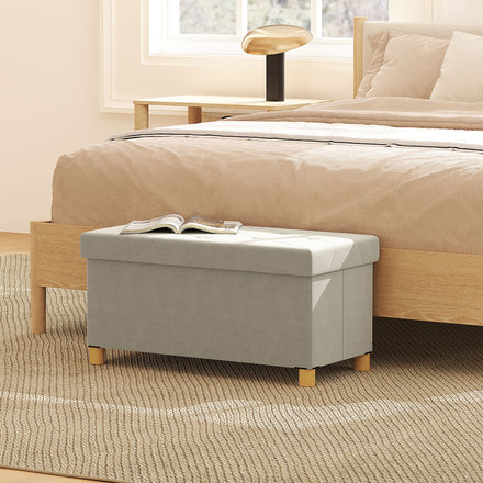 Storage Ottoman Bench, Velvet Upholstered Foldable Ottoman Footrest, Foot Stool with Wood Legs for Living Room, Bedroom, Cream White
