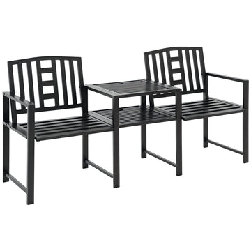 Steel Garden Bench w/ Middle Table, Umbrella Hole, Double Seat for Outdoor, Patio, Backyard  Weather-Resistant Frame, Black