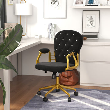 Velvet Office Desk Chair Button Tufted Vanity Chair with Swivel Wheels, Adjustable Height and Tilt Function, Black