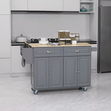 Kitchen Island with Storage, Rolling Kitchen Island with Drop Leaf, Rubber Wood Top and Adjustable Shelves, Grey