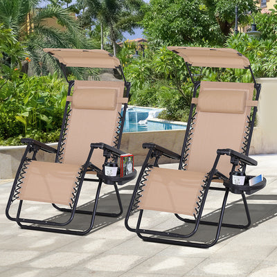 2 Piece Foldable Lounge Chair with Canopy Shade, Outdoor Zero Gravity Chair with Side Tray & Cup Holder, Reclining Lounger with Breathable Mesh Fabric Seat, Pillow, Beige