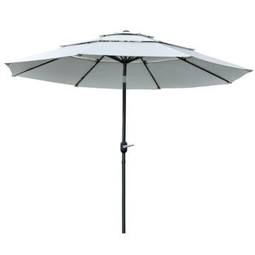 Parasol de patio de marché à 3 niveaux de 9 pi avec manivelle et bouton d'inclinaison pour terrasse, cour arrière et pelouse, blanc crème