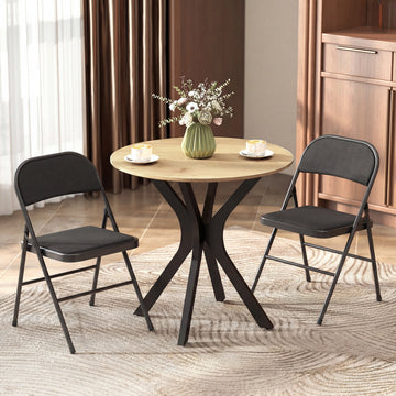 Set of 2 Metal Foldable Chairs, Linen Fabric Padded Folding Chairs with Cushion Seat and Open Back for Indoor, Black