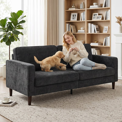 3 Seater Sofa Upholstered with Padded Cushion Modern Button Tufted Couch with Wood Legs, Dark Grey