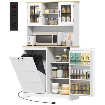 Armoire de garde-manger de cuisine avec station de recharge, meuble pour poubelle de 7 gallons, étagères réglables et portes en acrylique, noir
