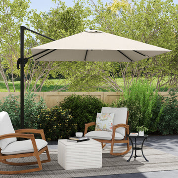 8' x 8' Square Patio Hanging Offset Umbrella with 360° Rotation, Aluminum Outdoor Cantilever Parasol with Crank & Tilt, Sun Canopy Shelter with Cross Base, White