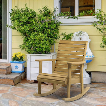 Wooden Outdoor Rocking Chair, Patio Traditional Rocking Chair, Slatted Structure Porch Rocker w/ Armrest for Both Outdoor and Indoor, Light Brown