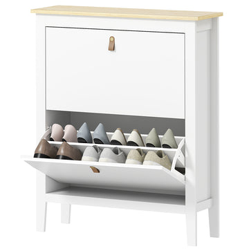 Narrow Shoe Cabinet with 2 Flip Drawers, Adjustable Shelves for Entryway, Holds 10-14 Pairs, White