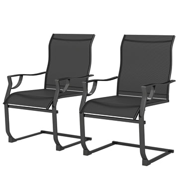 C Spring Motion Patio Chairs Set of 2 with Curved High Backrest, Armrest, All Weather Breathable Fabric, Metal Frame, Black