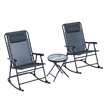 3pc Patio Rocking Chair Set, Folding Outdoor Rocking Chairs and Table Bistro Set w/ Breathable Mesh Seat & Backrest, Headrest for Park, Backyard, Garden, Grey