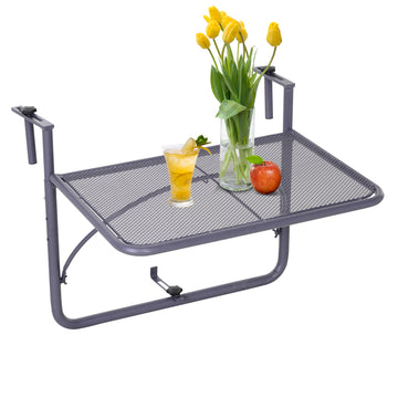 Adjustable Balcony Hanging Railing Table, Metal Mounting Mini Wall Desk Storage Rack, Outdoor Flower Stand Serving Table Rectangle, Grey