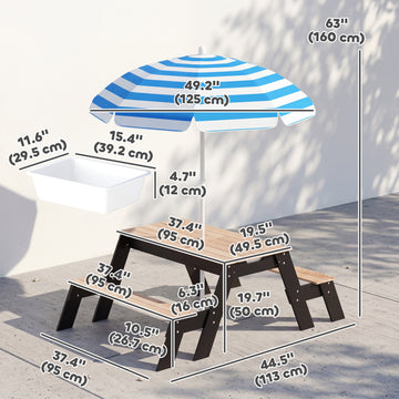 Qaba Kids Picnic Table with Umbrella, 3 in 1 Wooden Sand & Water Table with 2 Hidden Play Boxes for Patio, Ages 3-6