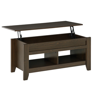 Lift Top Coffee Table with Hidden Storage Compartment and Open Shelves, Lift Tabletop Pop-Up Center Table for Living Room, Dark Walunt
