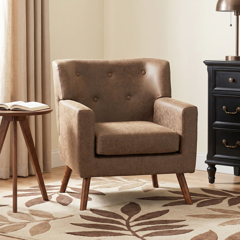 PU Leather Accent Chair, Mid Century Modern Armchair with Spring Seat Cushion, Tufted Back, Wood Legs, Brown