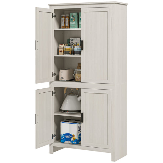 Armoire de cuisine 64 po, meuble de rangement autonome avec 4 portes, 3 tablettes ajustables, blanc antique