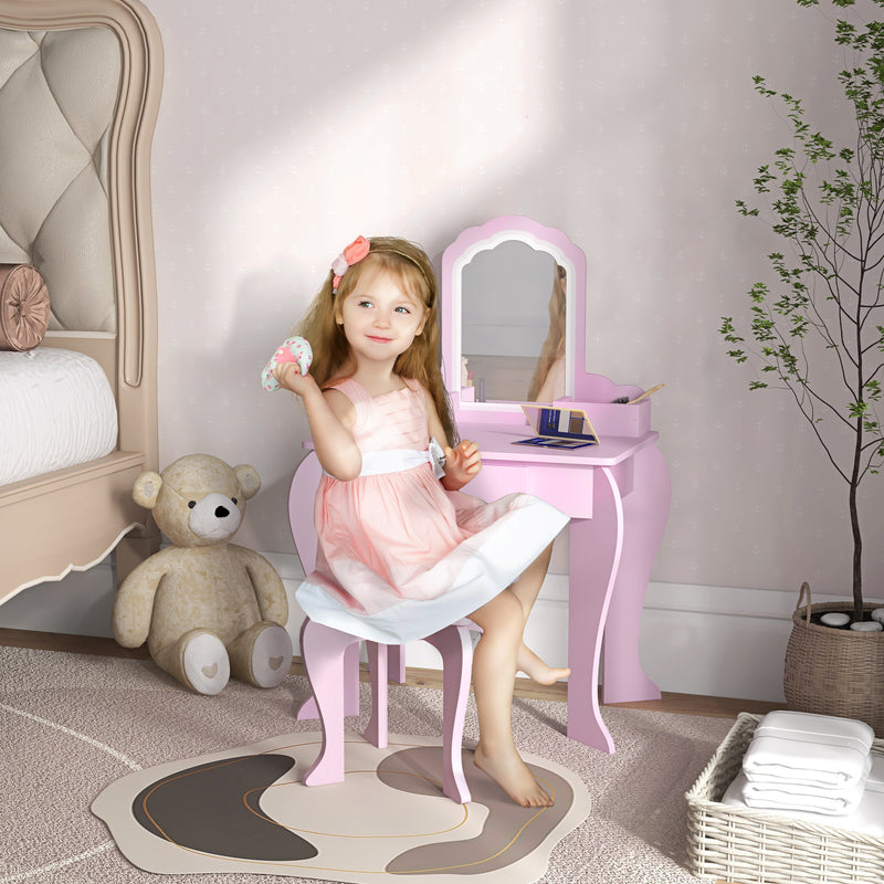 Qaba Makeup Vanity with Mirror and Stool, Cloud Design, Drawer, Storage Boxes, for 3-6 Years Old, Pink